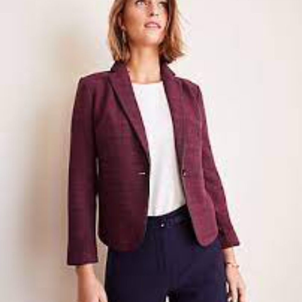 Ann Taylor Newbury Blazer Glen Plaid Red Burgundy Size 2 EUC